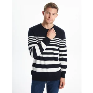 LCWAIKIKI Classic Lacivert Bisiklet Yaka Uzun Kollu Çizgili Erkek Triko Kazak