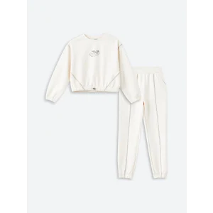 LCW Kids Ekru Bisiklet Yaka Soft Touch Kız Çocuk Eşofman Takım