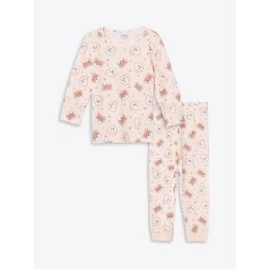 LCW Kids Ekru Bisiklet Yaka Baskılı Kız Çocuk Pijama Takımı