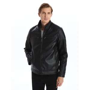 LCWAIKIKI Classic Siyah Standart Kalıp Dik Yaka Erkek Deri Görünümlü Mont