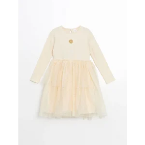 LCW Kids Bej Bisiklet Yaka Çiçekli Kız Çocuk Elbise