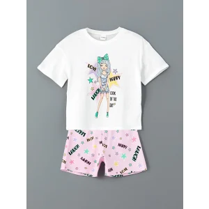 LCW Kids Beyaz Bisiklet Yaka Kız Çocuk Şortlu Pijama Takımı