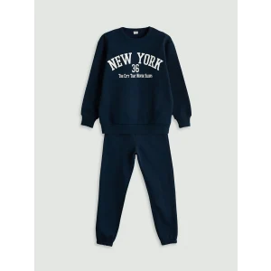 LCW Kids Lacivert Bisiklet Yaka New York Baskılı Erkek Çocuk Eşofman Takımı