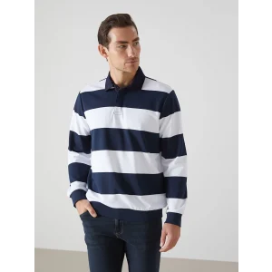 LCWAIKIKI Basic Lacivert Polo Yaka Uzun Kollu Çizgili Erkek Sweatshirt