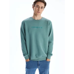 LCWAIKIKI Classic Yeşil Bisiklet Yaka Uzun Kollu Baskılı Erkek Sweatshirt
