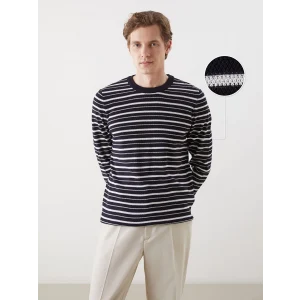 LCWAIKIKI Classic Lacivert Bisiklet Yaka Çizgili Erkek Dokulu Triko Kazak
