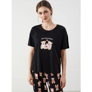 LCW Young Siyah Bisiklet Yaka Ayı Teddy Baskılı Kadın Kaprili Pijama Takımı