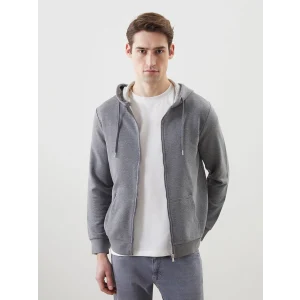 LCWAIKIKI Basic Gri Kapüşonlu Uzun Kollu Erkek Fermuarlı Sweatshirt