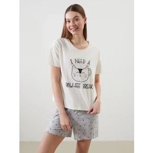 LCW DREAM Gri Bisiklet Yaka Baskılı Kadın Şortlu Pijama Takımı