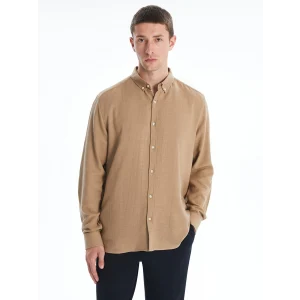 LCW Vision Bej Slim Fit Uzun Kollu Armürlü Erkek Gömlek