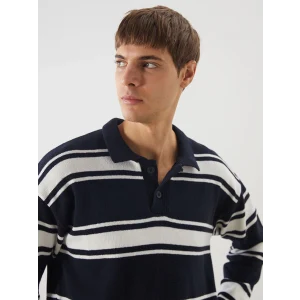 XSIDE Lacivert Polo Yaka Çizgili Erkek Triko Kazak