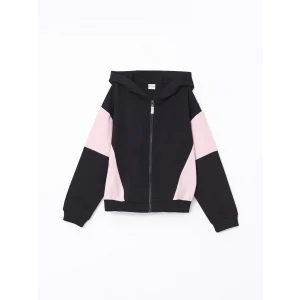 LCW Kids Siyah Kapüşonlu Kız Çocuk Fermuarlı Sweatshirt