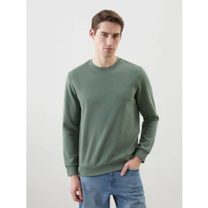 LCWAIKIKI Basic Yeşil Bisiklet Yaka Uzun Kollu Baskılı Erkek Sweatshirt