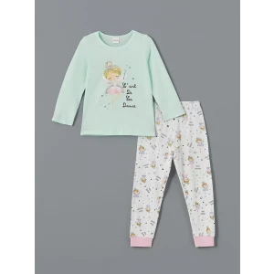 LCW Kids Turkuaz Bisiklet Yaka Baskılı Kız Çocuk Pijama Takımı