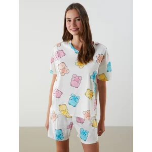 LCW Young Ekru Bisiklet Yaka Desenli Kadın Şortlu Pijama Takımı