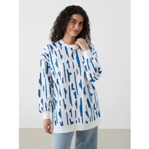LCW Modest Mavi Bisiklet Yaka Desenli Kadın Sweatshirt Tunik