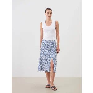 LCWAIKIKI Classic Lacivert Beli Lastikli Çiçekli Yırtmaçlı Etek