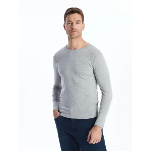 LCWAIKIKI Basic Gri Bisiklet Yaka Uzun Kollu Erkek Tişört