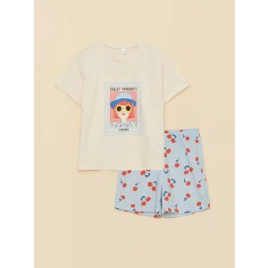 LCW Kids Ekru Bisiklet Yaka Baskılı Kısa Kollu Kız Çocuk Şortlu Pijama Takımı