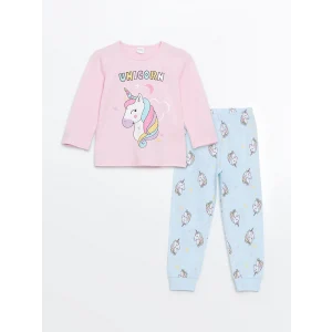 LCW Kids Pembe Bisiklet Yaka Baskılı Kız Çocuk Pijama Takımı