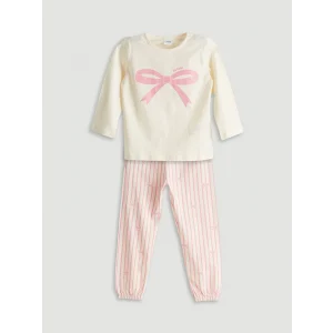 LCW Kids Ekru Kurdele Detaylı Kız Çocuk Pijama Takım
