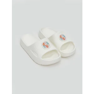 LCW STEPS Beyaz Tek Bantlı Baskılı Kız Çocuk Terlik