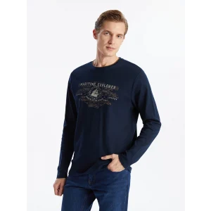 LCWAIKIKI Classic Lacivert Bisiklet Yaka Uzun Kollu Baskılı Erkek Sweatshirt