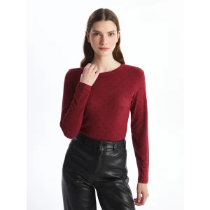 LCWAIKIKI Classic Bordo Bisiklet Yaka Puantiyeli Kadın Tişört