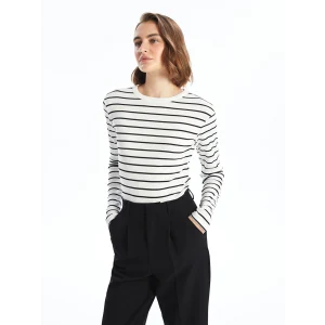 LCWAIKIKI Basic Ekru Bisiklet Yaka Çizgili Kadın Body