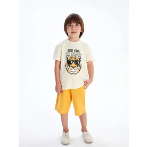 LCW Kids Bej Bisiklet Yaka Baskılı Erkek Çocuk Tişört ve Şort 2li