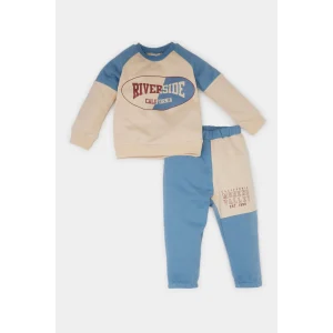 Defacto E0324 Mavi Erkek Bebek 2li Takım Bisiklet Yaka Baskılı Sweatshirt Beli Lastikli Eşofman Altı