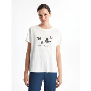 LCWAIKIKI Classic Ekru Bisiklet Yaka Baskılı Kadın Tişört