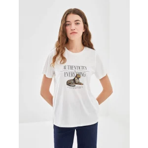 LCW Vision Ekru Bisiklet Yaka Leopar Baskılı Kadın Tişört