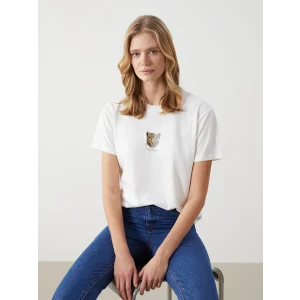 LCW Vision Ekru Bisiklet Yaka Leopar Baskılı Kadın Tişört