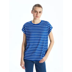 LCWAIKIKI Classic Mavi Bisiklet Yaka Çizgili Kadın Tişört