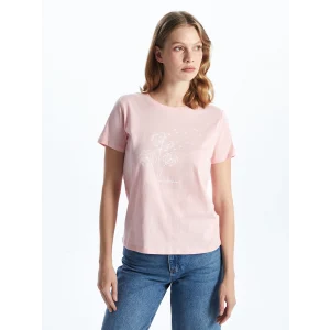 LCWAIKIKI Classic Pembe Bisiklet Yaka Baskılı Kadın Tişört