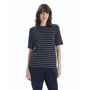 LCWAIKIKI Classic Lacivert Bisiklet Yaka Çizgili Kadın Tişört