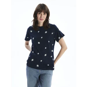 LCWAIKIKI Classic Lacivert Bisiklet Yaka Desenli Kadın Tişört