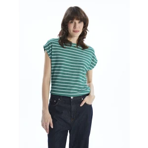 LCWAIKIKI Classic Yeşil Bisiklet Yaka Çizgili Kadın Tişört