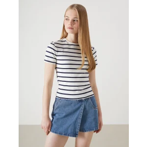 LCW Vision Lacivert Bisiklet Yaka Çizgili Kadın Tişört