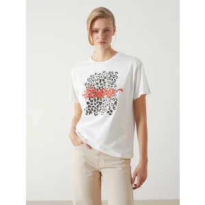 LCW Vision Ekru Bisiklet Yaka Baskılı Kadın Tişört