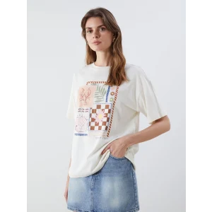 LCW Vision Ekru Bisiklet Yaka Baskılı Oversize Kadın Tişört