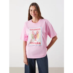 LCW Vision Pembe Valencia Baskılı Oversize Kadın Tişört