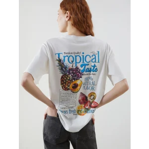 LCW Vision Ekru Bisiklet Yaka Baskılı Oversize Kadın Tişört