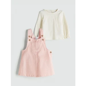 LCW baby Pembe Bisiklet Yaka Kadife Kız Bebek Bluz ve Salopet 2li