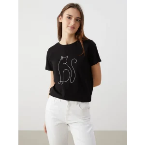 LCWAIKIKI Classic Siyah Bisiklet Yaka Baskılı Kadın Tişört