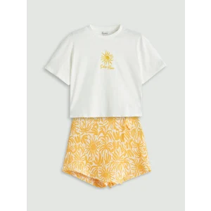 LCW Kids Ekru Bisiklet Yaka Kız Çocuk Tişört ve Şort Etek