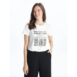 LCWAIKIKI Classic Ekru Bisiklet Yaka Baskılı Kadın Tişört