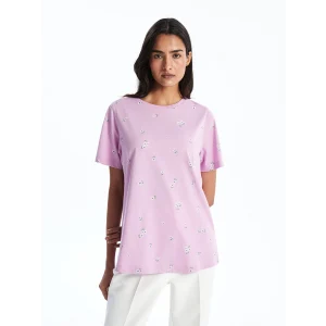 LCWAIKIKI Classic Lila Bisiklet Yaka Desenli Kadın Tişört