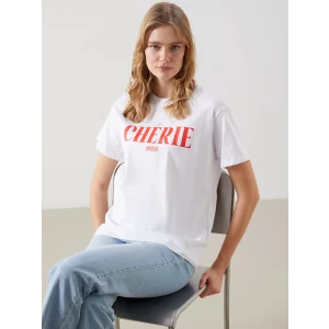 LCW Vision Beyaz Bisiklet Yaka Baskılı Kadın Tişört